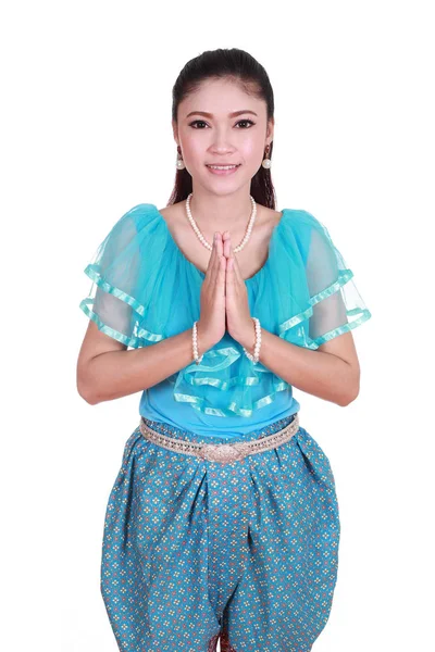 Mujer Vistiendo Vestido Tailandés Típico Pagar Respeto Aislado Sobre Fondo — Foto de Stock