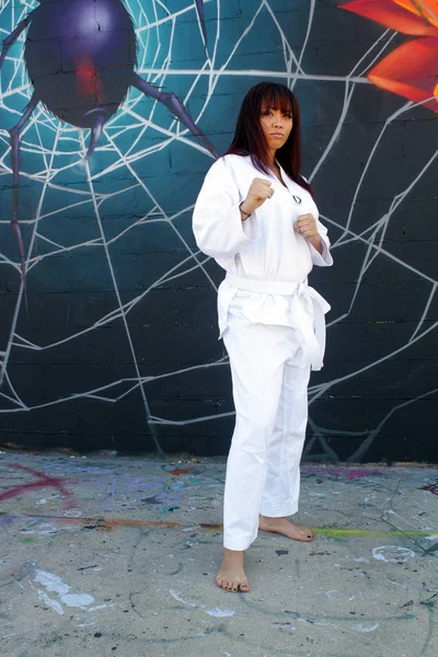 Egy Szép Fiatal Lány Visel Hagyományos Harcművészetek Egységes Áll Készen — Stock Fotó