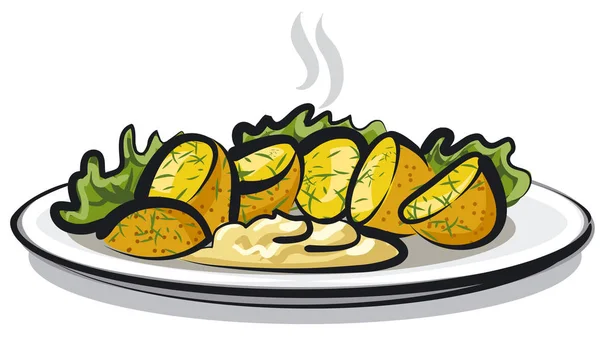 Illustrazione Patate Bollite Con Salsa Lattuga Sul Piatto — Foto Stock