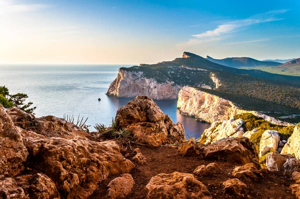 Paisaje Del Golfo Capo Caccia Desde Cueva Vasos Rotos Atardecer — Foto de Stock