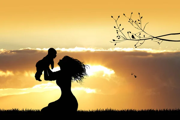 Illustrazione Madre Felice Con Figlio Tramonto — Foto Stock