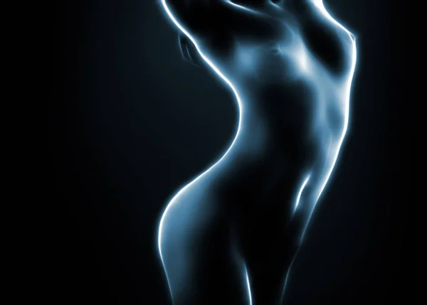 Mulher Nua Pintado Por Linhas Brilhantes Suaves — Fotografia de Stock