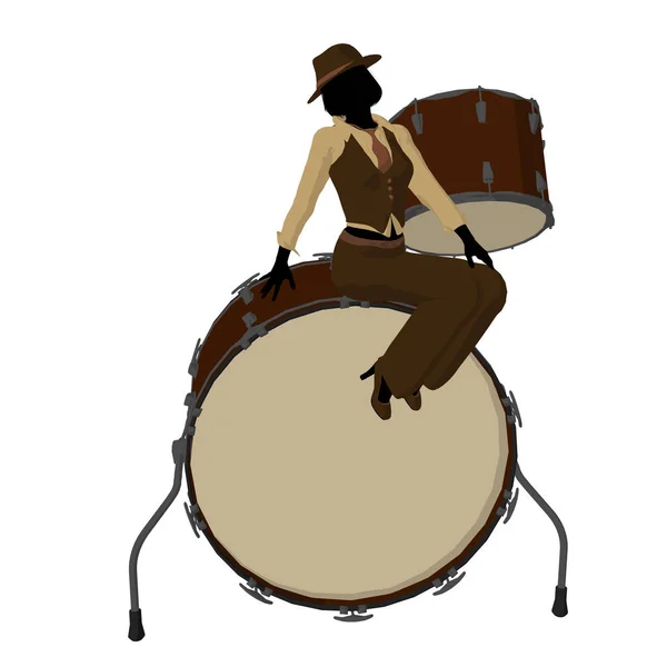 白い背景にドラム上の女性ジャズプレーヤー — ストック写真