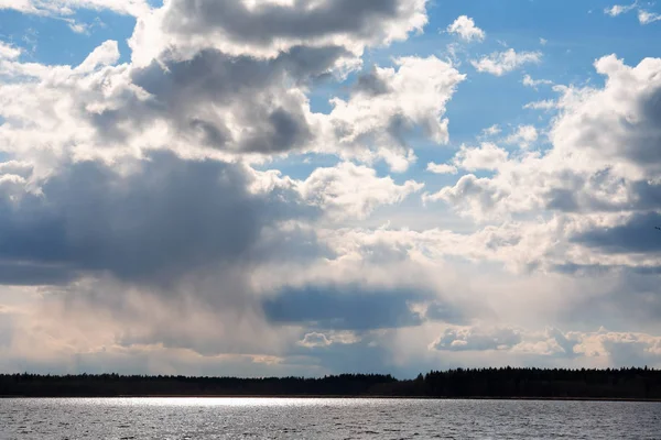 湖と森上暗い空を背景 — ストック写真