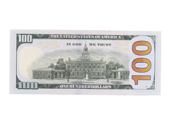 Achterzijde Van Nieuwe 100 Dollar Bill Geïsoleerd Een Witte Achtergrond — Stockfoto