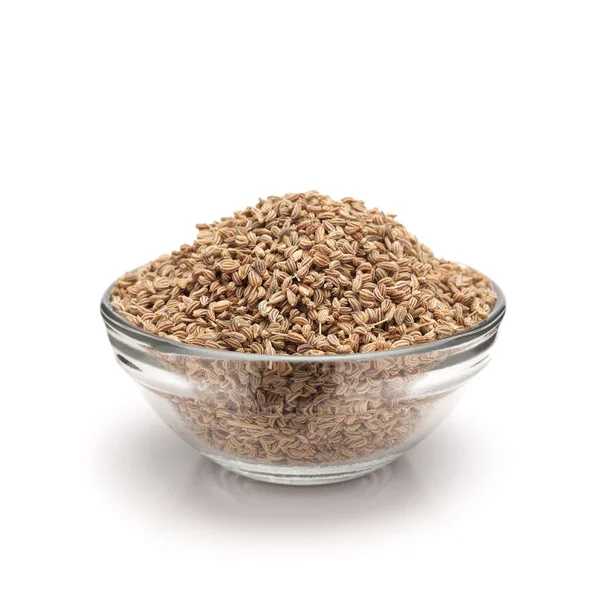 Vista Frontal Ajwain Orgânico Trachyspermum Ammi Taça Vidro Isolada Sobre — Fotografia de Stock