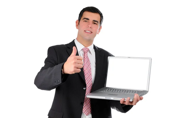 Nahaufnahme Eines Jungen Geschäftsmannes Mit Laptop — Stockfoto