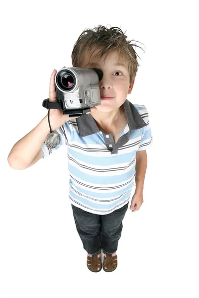 Boy Recording Videos Taking Pictures Using Digital Video Camera Perspective — Stock Photo, Image