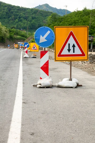 Temporary Road Construction Traffic Signs Road — Stock Photo, Image