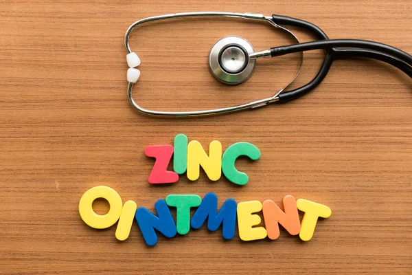 Zinc Ointment Colorful Word Stethoscope Wooden Background — Stock Photo, Image