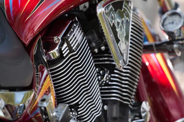 Close View Detail Van Glanzende Details Van Een Klassieke Motorfiets — Stockfoto