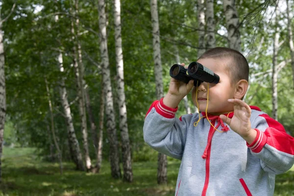 Menino Uma Floresta Olha Vidro Campo — Fotografia de Stock