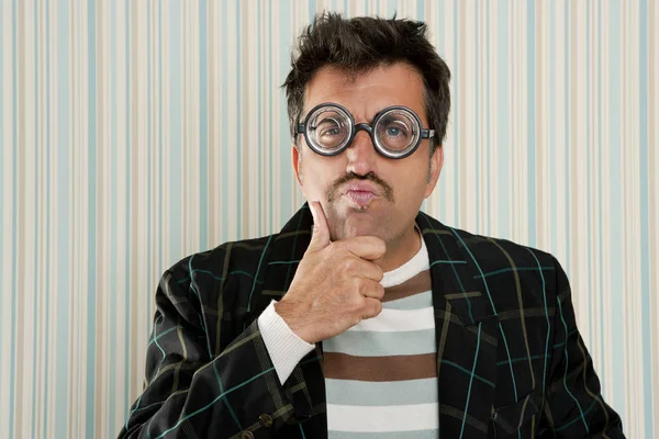 Nerd Silly Myopic Man Glasses Thinking Doing Funny Gesture Retro — Stock Photo, Image