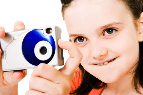 Close Girl Photographing Camera Isolated White — Stock Photo, Image