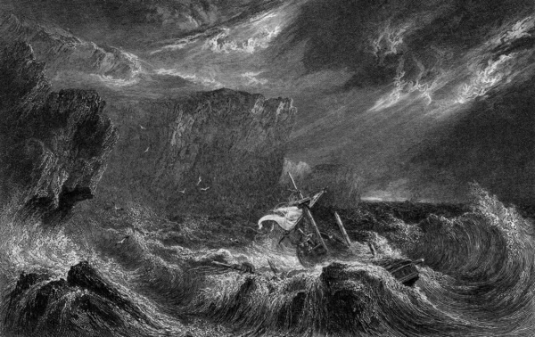 Shipwrecked boat and cliffs in storm sea. Engraved by William Miller in 1832, public domain image by virtue of age.