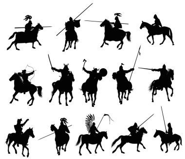 Knights and medieval warriors on horseback detailed silhouettes set. Vector clipart