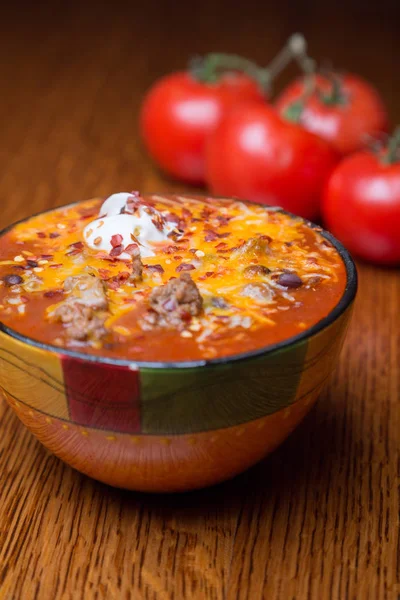 Bowl Red Chili Crushed Red Pepper Melted Cheese Sour Cream — Stock Photo, Image