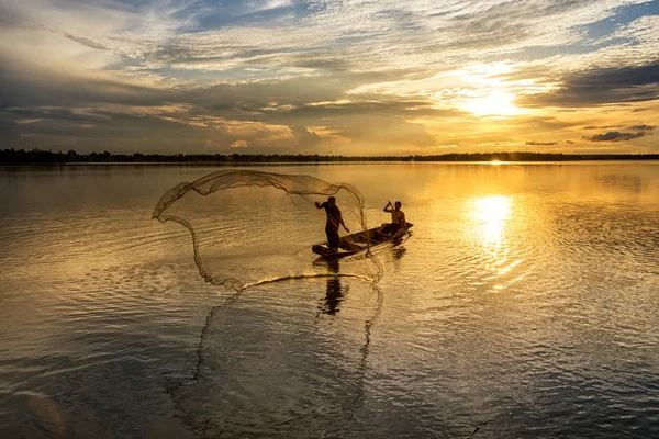 Silueta Rybích Tenatových Sítí Wanonniwat Sakon Nakhon Thajsko — Stock fotografie