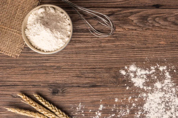 Flour Ceramic Bowl Handful Ears Wheat Beater Wooden Table Closeup — Stock Photo, Image