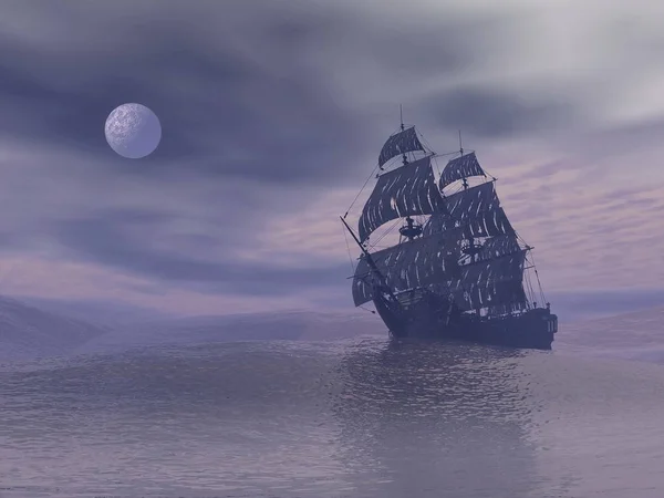 満月の灰色の霧の夜によって海に浮古いゴースト船 — ストック写真
