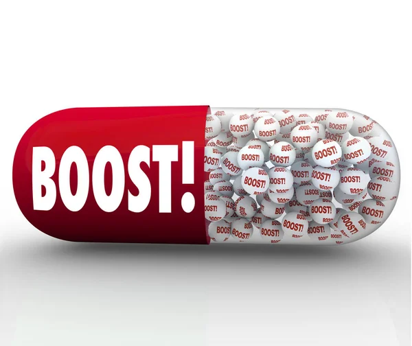Red Capsule Pill Word Boost Small Medicine Balls Meant Revitalize — Stock Photo, Image