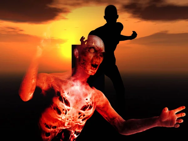 Sommige Zombies Met Een Zonsondergang Achtergrond — Stockfoto