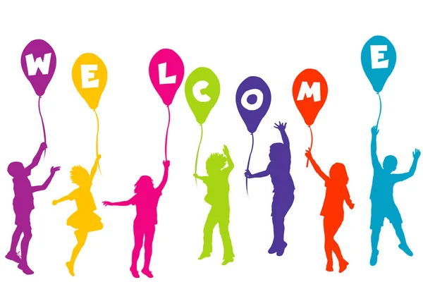 Colored Children Silhouettes Holding Balloons Letters Building Welcome — Stockfoto