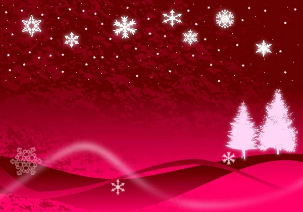 光る雪片 クリスマスツリー 抽象的な雪が漂い 赤に雪を吹く星のクリスマスイラスト — ストック写真