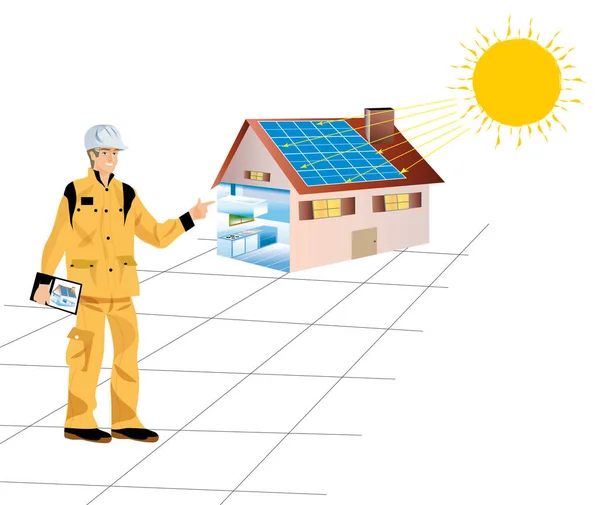 Ein Bauarbeiter Mit Einem Haus Mit Sonnenkollektoren — Stockfoto