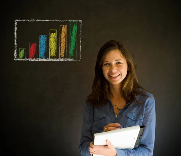 Confident Business Woman Teacher Notepad Pen Blackboard Background Graph Chart — Stock Photo, Image