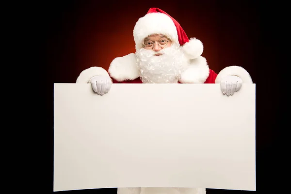 Santa Claus Showing Christmas Template Looking Camera Dark — Stock Photo, Image