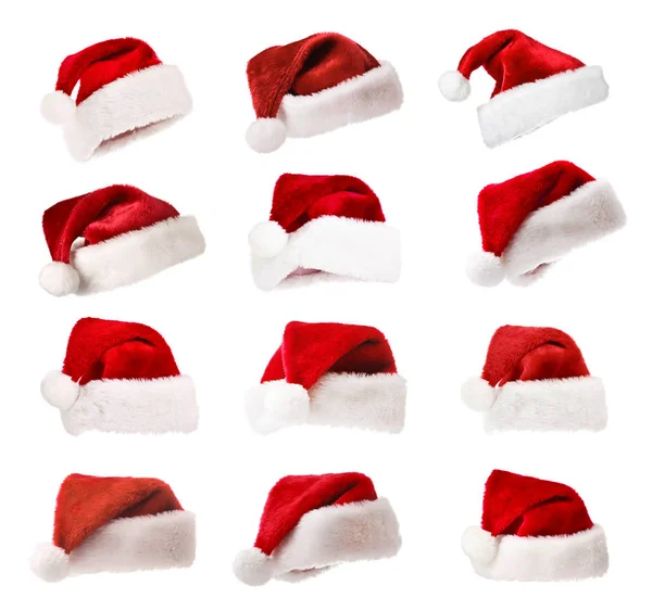 Conjunto Chapéus Vermelhos Papai Noel Isolados Branco — Fotografia de Stock
