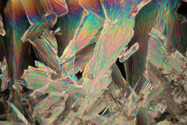 Crystals of acetylsalicylic acid under a microscope. The crystals are precipitated from a solution on a microscope slide and photographed in polarized light. clipart