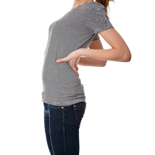Adolescente Estudiante Mujer Con Dolor Espalda Aislado — Foto de Stock