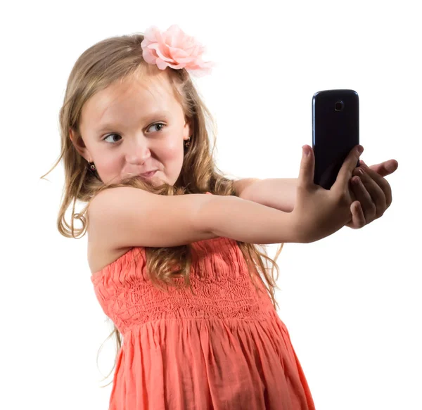 Little Girl Doing Photo Her Self White Background — Stock Photo, Image