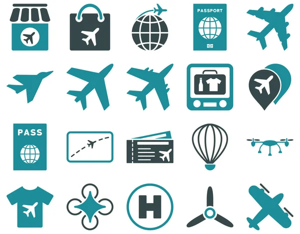 Airport Icon Set. These flat bicolor icons use soft blue colors. Raster images are isolated on a white background.