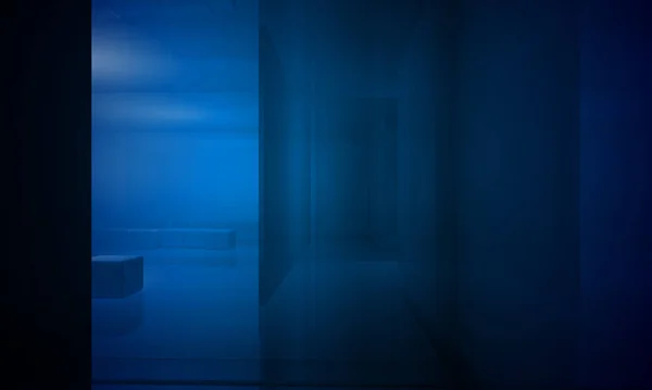 Edifício Interior Espaço Escritório Com Efeitos Luz Azul — Fotografia de Stock