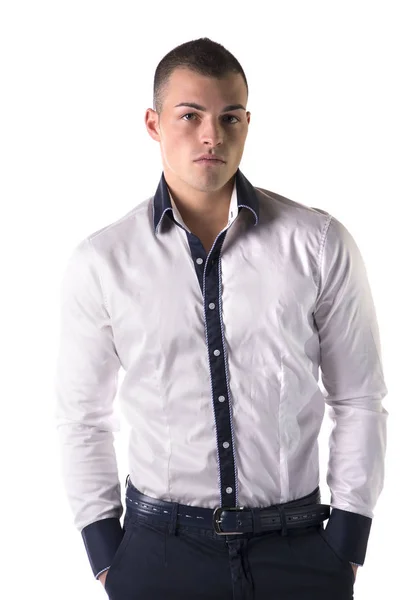 Jovem Atraente Camisa Branca Calça Azul Isolado Branco — Fotografia de Stock