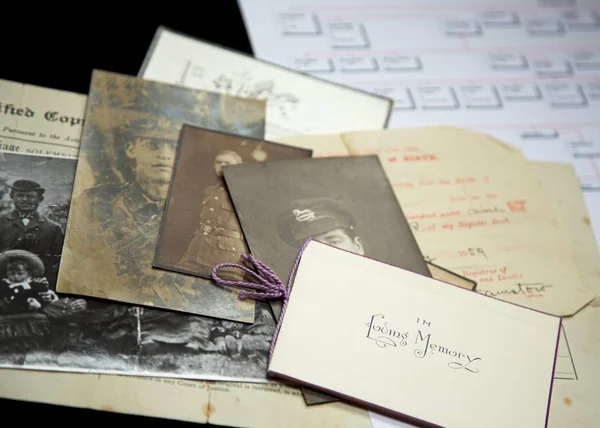 Selection Old Photographs Certificates Memoriam Cards — Stock Photo, Image