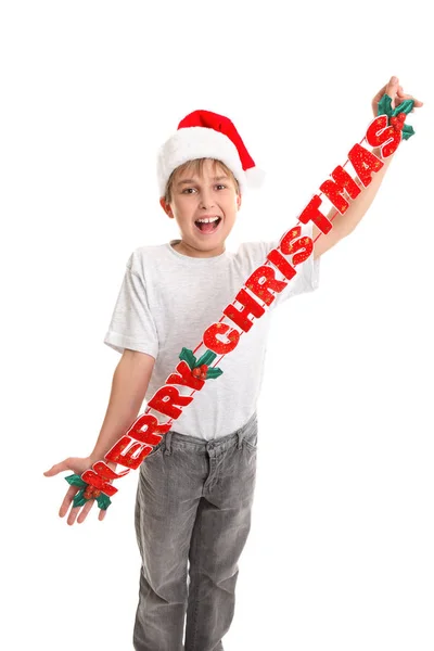 Ein Kind Mit Einer Weihnachtsdekoration Die Frohe Weihnachten Sagt — Stockfoto