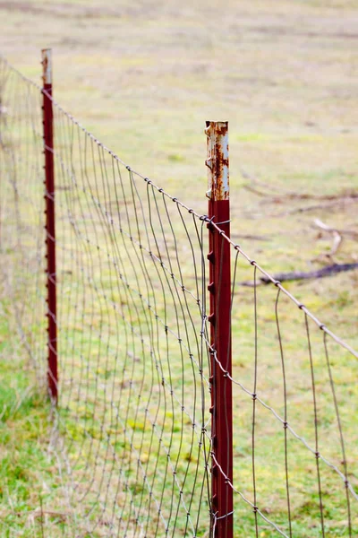 農場の牧場のフィールドでワイヤーフェンスを持つフィールドフェンシングポスト — ストック写真