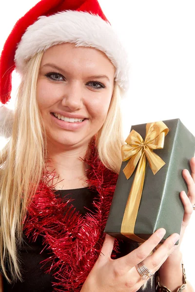 Portrait Femme Blonde Avec Chapeau Noël Présente Gros Plan Sur — Photo