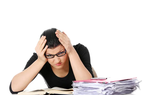 Aburrido Joven Estudiante Escritorio Aislado Sobre Fondo Blanco —  Fotos de Stock