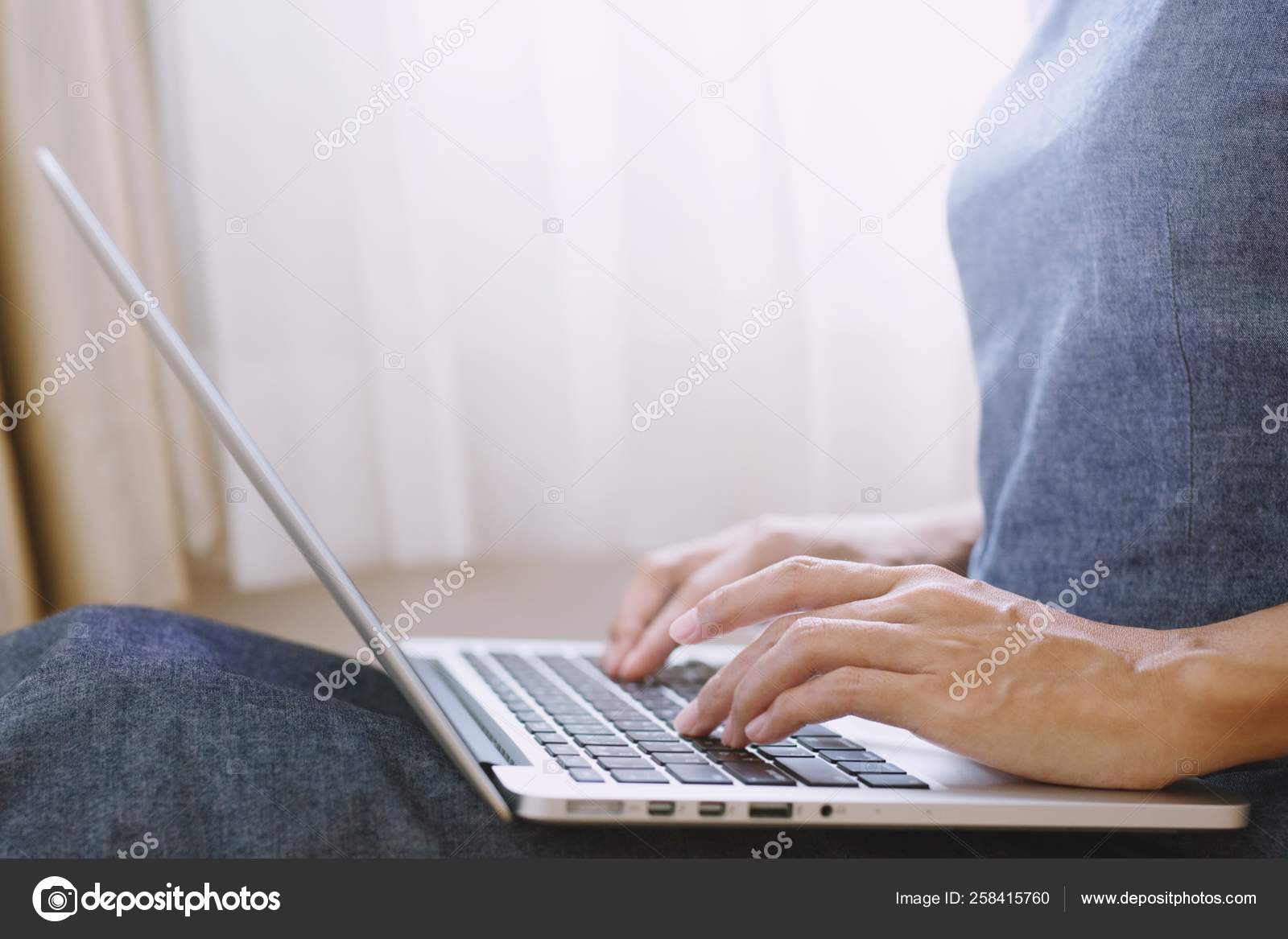 Lifestyle Home Lady Woman Sit Work Using Laptop Computer Work