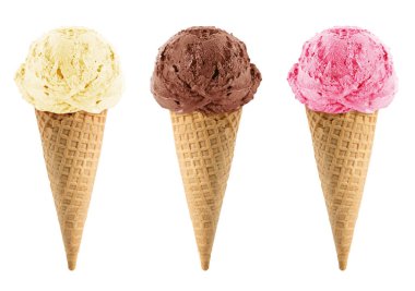 Chocolate, vanilla and strawberry Ice cream in the cone on white background with clipping path. clipart