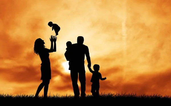 Illustration Der Familiensilhouette Bei Sonnenuntergang — Stockfoto