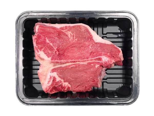 Bone Steak Plastovém Podnosu Izolovaný Proti Bílému Pozadí — Stock fotografie