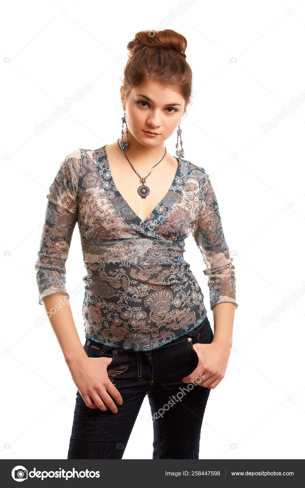 Portrait Brown Haired Pretty Girl White Background Stock Photo