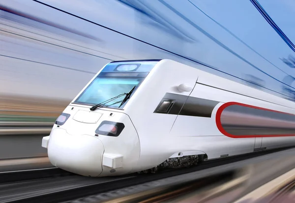 Treno Bianco Super Aerodinamico Con Movimenti Sfocati Sulla Ferrovia — Foto Stock