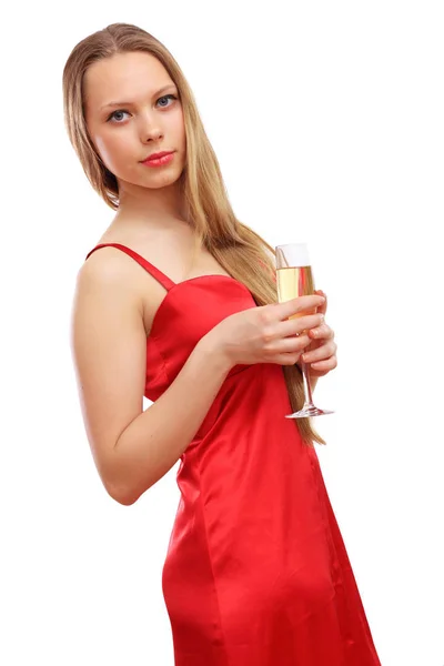 Belle Jeune Femme Blonde Robe Rouge — Photo